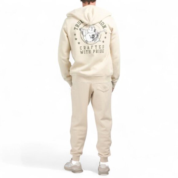 True Religion Men's Fleece Sweatsuit 2 PC Tracksuit Ivory Hoodie Joggers Size M - Picture 2 of 11